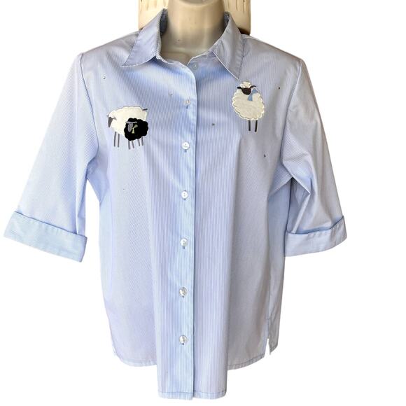 Vtg Allison Daley Cotton Blend Pinstripe Button Shirt 3/4 Sleeve 12P Sheep Bling - Picture 1 of 10